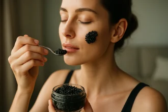 Žena s čiernym kaviárom na tvári a lyžicou v ruke