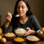 Žena si vychutnáva škrobové potraviny bohaté na energiu.