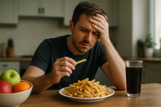 Muž znepokojený konzumovaním hranoliek s pohárom nápoja.