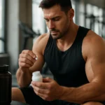 Muž v posilňovni užíva doplnok s leucínom na rast svalov.
