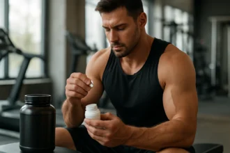 Muž v posilňovni užíva doplnok s leucínom na rast svalov.
