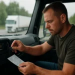 Šofér kontroluje tachograf a dokumenty pre bezpečnú jazdu.