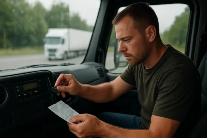 Šofér kontroluje tachograf a dokumenty pre bezpečnú jazdu.