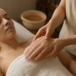 Žena na masáži s parafínovým zábalom na rukách