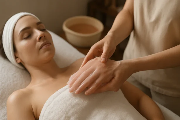 Žena na masáži s parafínovým zábalom na rukách