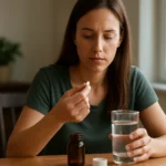 Žena užívajúca doplnok stravy s fenylalanínom a vodou.