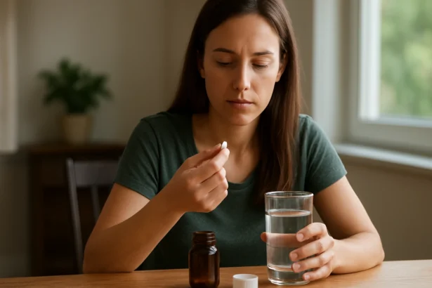 Žena užívajúca doplnok stravy s fenylalanínom a vodou.