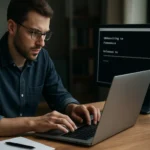 Muž pracuje na počítači na zabezpečenie vzdialeného prístupu cez SSH.