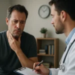 Muž na lekárskej prehliadke, diskutuje o príznakoch HPV