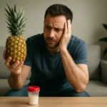 Muž drži ananás a premýšľa o svojom zdraví a kvalite spermií.