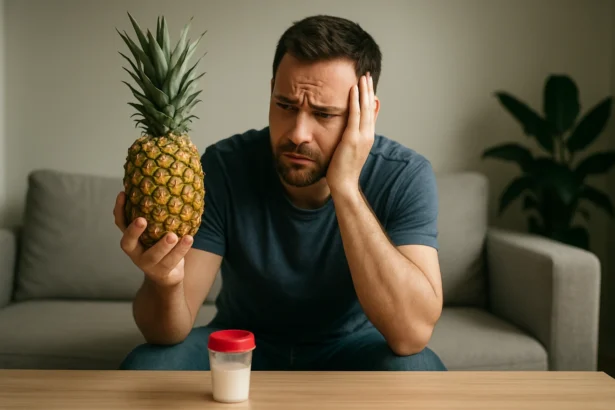 Muž drži ananás a premýšľa o svojom zdraví a kvalite spermií.