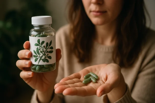 Žena drží kapsuly z imela a fľašu s nápadom na zdravie.