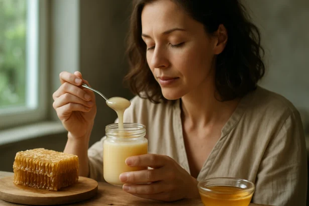 Žena s včelím materským mliekom a medom v ruke