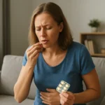 Žena trpiaca nadúvaním, užívajúca simetikon na úľavu.