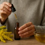 Osoba kvapkajúca extrakt zo zlatobyľu do tmavej fľaše