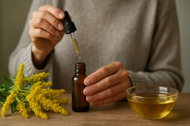 Osoba kvapkajúca extrakt zo zlatobyľu do tmavej fľaše