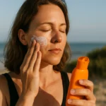Žena nanášajúca opaľovací krém na tvár na pláži.