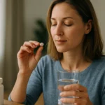 Žena drží tabletku a pohár vody pri užívaní doplnkov výživy.