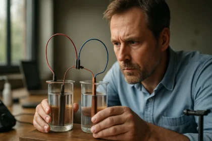 Muž skúma elektrochemické reakcie v galvánskych článkoch v laboratóriu.