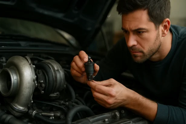 Muž kontroluje N75 ventil v turbomotore pre optimalizáciu výkonu.