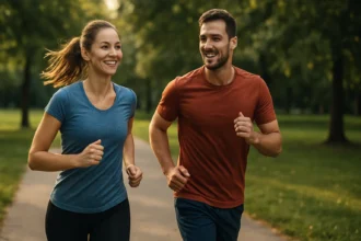 Dvojica mladých ľudí behá v parku, vyžarujú pozitívnu energiu.