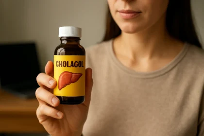 Žena drží fľašu cholagolu, produktu na podporu zdravia pečene.