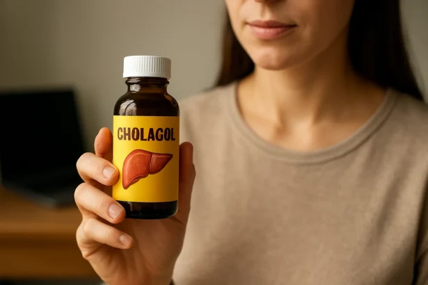 Žena drží fľašu cholagolu, produktu na podporu zdravia pečene.