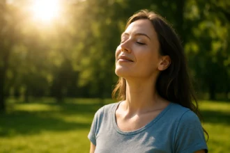 Žena na slnku s úsmevom a zavretými očami