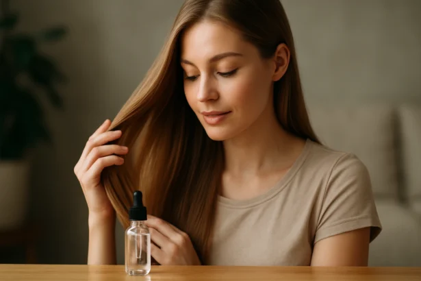 Žena s lesklými vlasmi a glycerínom v kvapkovej fľaši