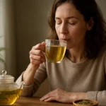 Žena si vychutnáva čaj z rebríčka, ktorý podporuje hormonálnu rovnováhu.