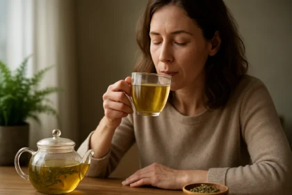 Žena si vychutnáva čaj z rebríčka, ktorý podporuje hormonálnu rovnováhu.
