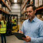 Muži v sklade s blokom a pracovníci na vysokom vozíku