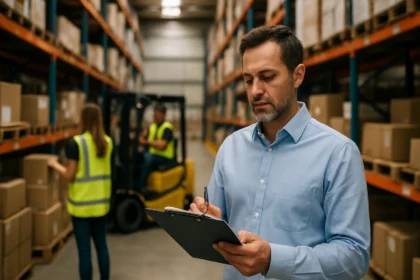 Muži v sklade s blokom a pracovníci na vysokom vozíku