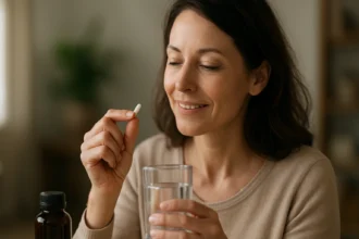 Žena užívajúca metakremičitú kyselinu s pohárom vody