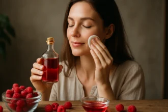 Žena používa malinový ocot na pleť s čerstvými malinami