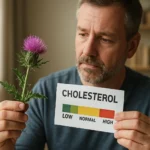 Muž skúma pestrec mariánsky a hladinu cholesterolu na tabuľke.