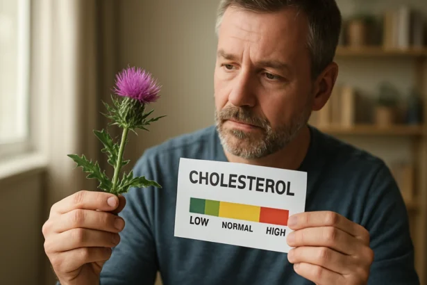 Muž skúma pestrec mariánsky a hladinu cholesterolu na tabuľke.