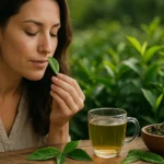 Žena cítí čajové lístky nad šálkem čaje.