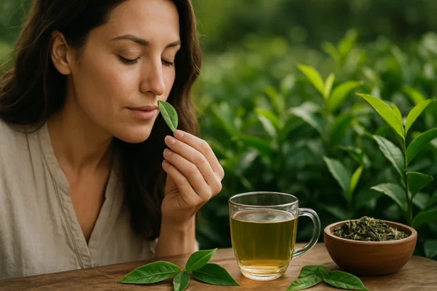 Žena cítí čajové lístky nad šálkem čaje.
