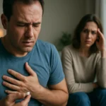Muž trpiaci hypoglykémiou s ženou v pozadí vyjadrujúcou obavy.