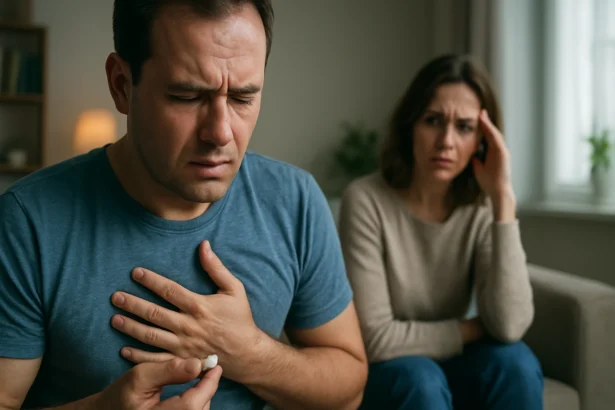 Muž trpiaci hypoglykémiou s ženou v pozadí vyjadrujúcou obavy.