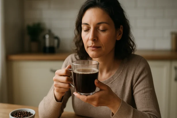 Žena vychutnáva bezkofeínovú kávu v útulnej kuchyni.