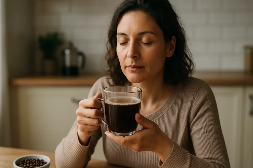 Žena vychutnáva bezkofeínovú kávu v útulnej kuchyni.