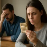 Žena sleduje antikoncepčné tabletky s obavami, muž sa koncentruje.