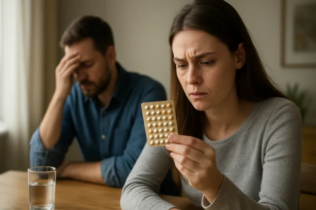 Žena sleduje antikoncepčné tabletky s obavami, muž sa koncentruje.