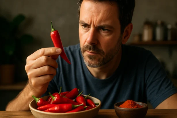 Muž skúma chilli papričku v miske s ďalšími papričkami a korením.