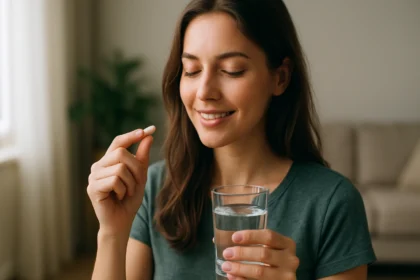 Žena s pohárom vody a tabletou mio-inozitolu