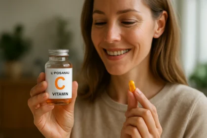 Žena s lipozomálnym vitamínom C v ruke, usmievajúca sa.
