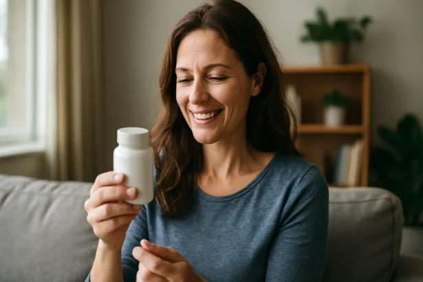 Žena sa sušením doplnku stravy v ruke, usmievajúca sa