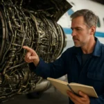 Mechanik skúma detaily motora lietadla.